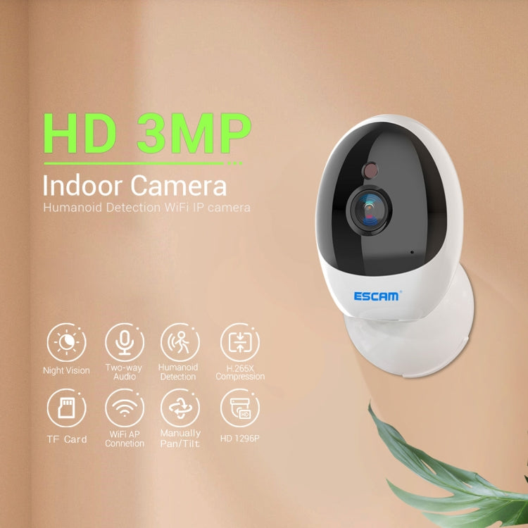 ESCAM QF006 3MP 1296P HD Indoor Wireless PTZ IP Camera IR Night Vision AI Humanoid Detection Home Security CCTV Monitor, Plug Type:EU Plug(White) - Mini Camera by ESCAM | Online Shopping UK | buy2fix