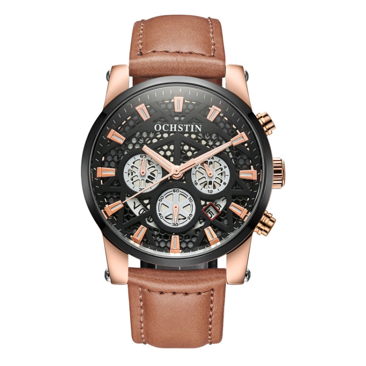 Ochstin 5052B Multifunctional Business Waterproof Leather Strap Quartz Watch(Rose Gold+Brown) - Leather Strap Watches by OCHSTIN | Online Shopping UK | buy2fix