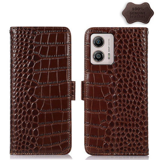 For Motorola Moto G53 5G Crocodile Top Layer Cowhide RFID Leather Phone Case(Brown) - Motorola Cases by buy2fix | Online Shopping UK | buy2fix