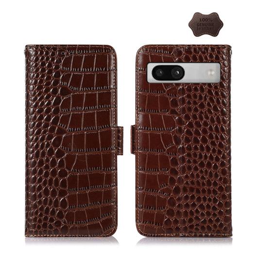 For Google Pixel 7a Crocodile Top Layer Cowhide Leather Phone Case(Brown) - Google Cases by buy2fix | Online Shopping UK | buy2fix