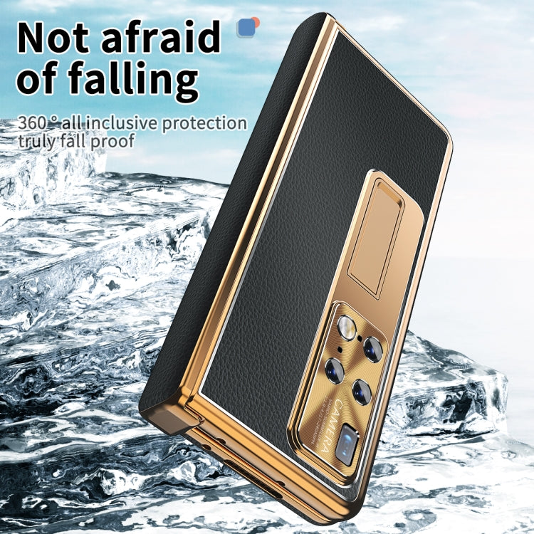 For Huawei Mate X2 Litchi Pattern Magnetic Shell Film Integrated Shockproof Phone Case(Black Gold) - Huawei Cases by buy2fix | Online Shopping UK | buy2fix