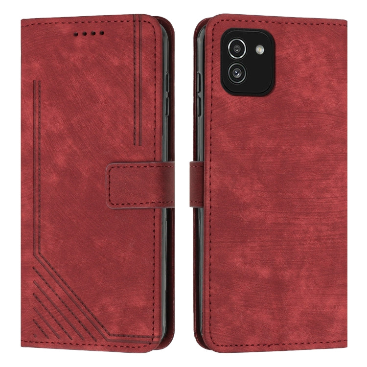 For Samsung Galaxy A03 EU 166mm Skin Feel Stripe Pattern Leather Phone Case with Lanyard(Red) - Galaxy Phone Cases by buy2fix | Online Shopping UK | buy2fix