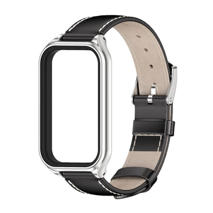 For Redmi Band 2 Mijobs Metal Shell Genuine Leather Watch Band(Black Silver) - Watch Bands by MIJOBS | Online Shopping UK | buy2fix