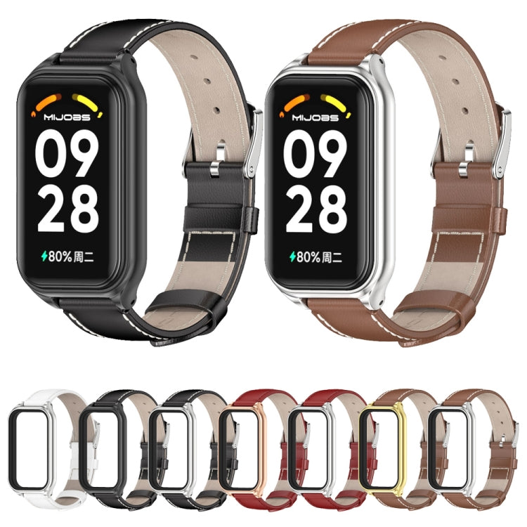 For Redmi Band 2 Mijobs Metal Shell Genuine Leather Watch Band(Black Silver) - Watch Bands by MIJOBS | Online Shopping UK | buy2fix