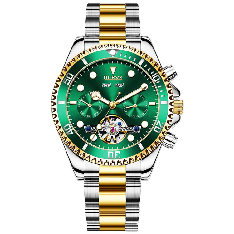 OLEVS 6605 Men Multifunctional Waterproof Mechanical Watch(Green + Gold) - Metal Strap Watches by OLEVS | Online Shopping UK | buy2fix