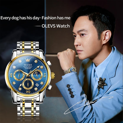 OLEVS 2889 Men Multifunctional Luminous Waterproof Quartz Watch(Blue + Gold) - Metal Strap Watches by OLEVS | Online Shopping UK | buy2fix