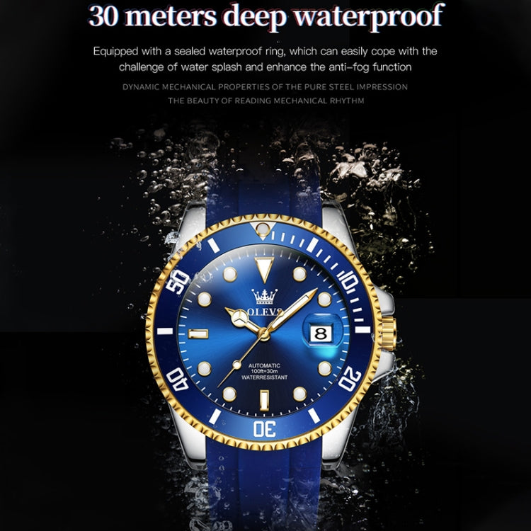 OLEVS 6650 Men Luminous Waterproof Silicone Strap Mechanical Watch(Blue + Gold) - Silicone Strap Watches by OLEVS | Online Shopping UK | buy2fix