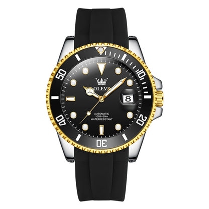 OLEVS 6650 Men Luminous Waterproof Silicone Strap Mechanical Watch(Black + Gold) - Silicone Strap Watches by OLEVS | Online Shopping UK | buy2fix