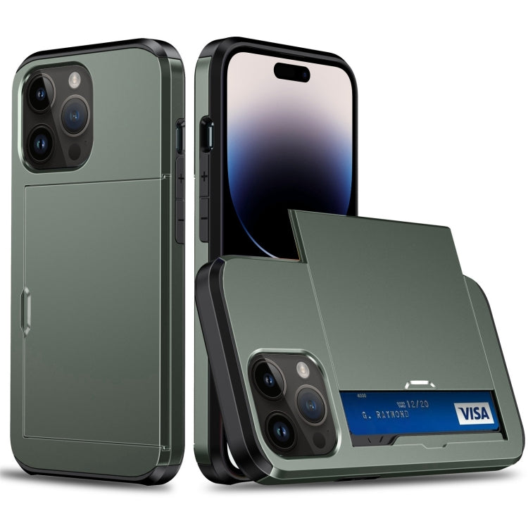 For iPhone 15 Pro Shockproof Armor Phone Case with Slide Card Slot(Army Green) - iPhone 15 Pro Cases by buy2fix | Online Shopping UK | buy2fix