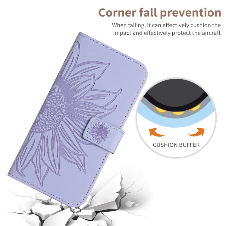 For iPhone 15 Skin Feel Sun Flower Embossed Flip Leather Phone Case with Lanyard(Purple) - iPhone 15 Cases by buy2fix | Online Shopping UK | buy2fix