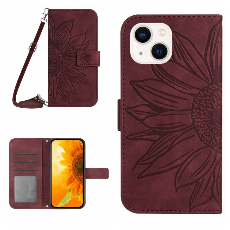 For iPhone 15 Plus Skin Feel Sun Flower Embossed Flip Leather Phone Case with Lanyard(Wine Red) - iPhone 15 Plus Cases by buy2fix | Online Shopping UK | buy2fix