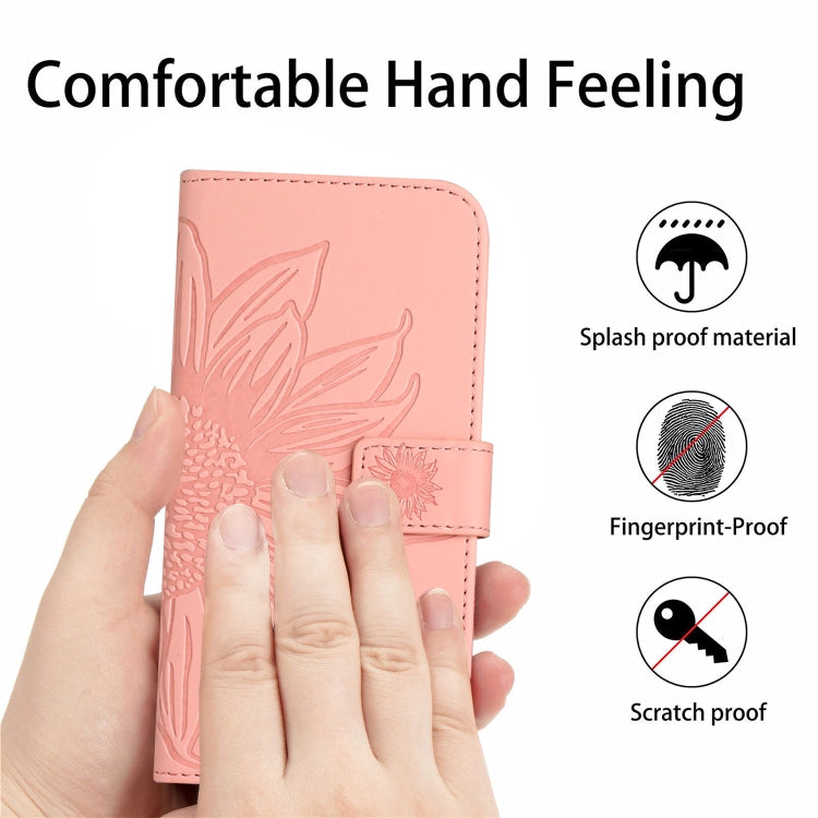 For iPhone 15 Pro Skin Feel Sun Flower Embossed Flip Leather Phone Case with Lanyard(Pink) - iPhone 15 Pro Cases by buy2fix | Online Shopping UK | buy2fix