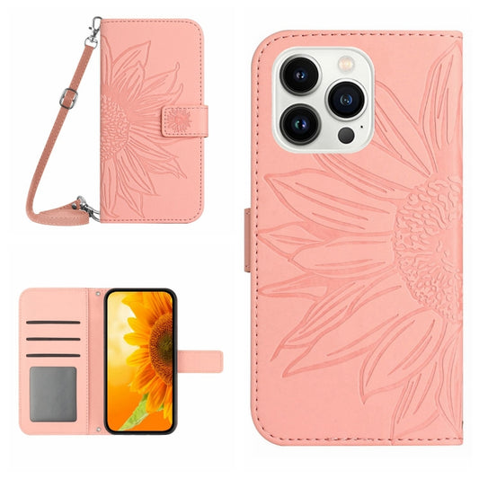 For iPhone 15 Pro Max Skin Feel Sun Flower Embossed Flip Leather Phone Case with Lanyard(Pink) - iPhone 15 Pro Max Cases by buy2fix | Online Shopping UK | buy2fix