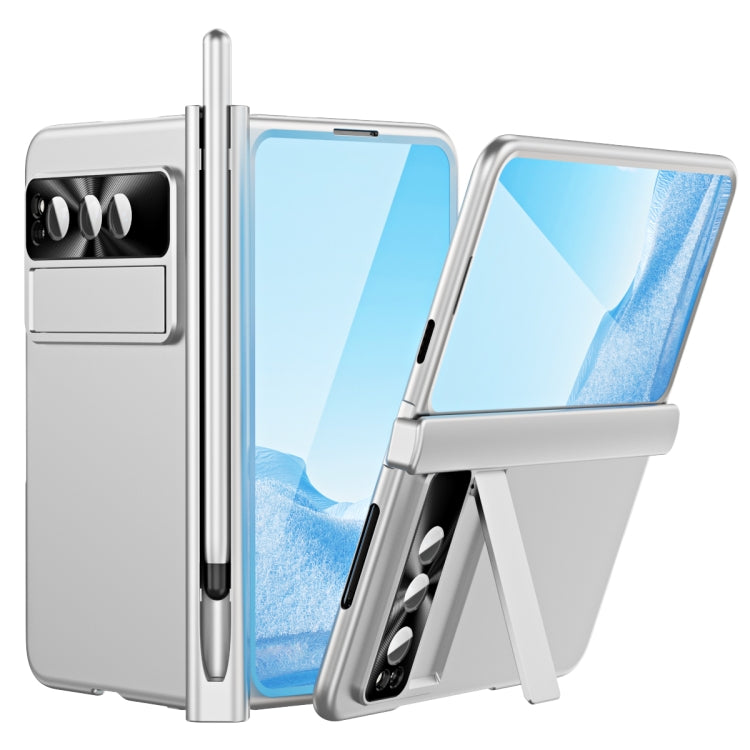 For Google Pixel Fold Integrated Electroplating Pen Slot Double Hinge Folding Phone Case with Stylus(Silver) - Google Cases by buy2fix | Online Shopping UK | buy2fix