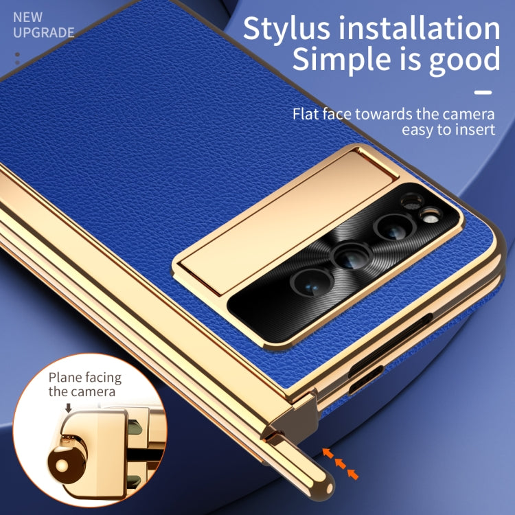 For Google Pixel Fold Litchi Pattern Electroplating Pen Slot Folding Phone Case with Stylus(Royal Blue) - Google Cases by buy2fix | Online Shopping UK | buy2fix