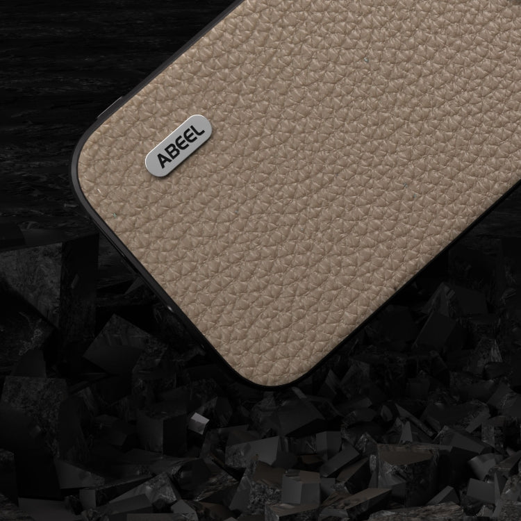 For iPhone 14 Plus ABEEL Genuine Leather Litchi Texture Phone Case(Grey) - iPhone 14 Plus Cases by buy2fix | Online Shopping UK | buy2fix