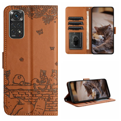 For Xiaomi Redmi Note 11 Global Cat Embossing Pattern Leather Phone Case with Lanyard(Brown) - Redmi Note 11 Case by buy2fix | Online Shopping UK | buy2fix