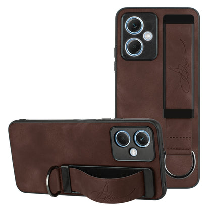 For Xiaomi Redmi Note 12 4G Global Wristband Holder Leather Back Phone Case(Coffee) - Note 12 Cases by buy2fix | Online Shopping UK | buy2fix