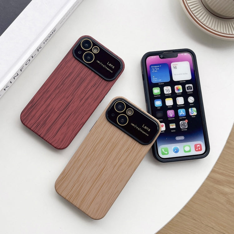 For iPhone 14 Wood Grain TPU Phone Case with Lens Film(Khaki) - iPhone 14 Cases by buy2fix | Online Shopping UK | buy2fix