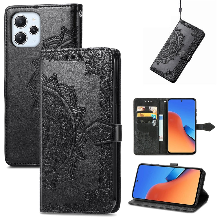 For Xiaomi Redmi 12 Mandala Flower Embossed Leather Phone Case(Black) - Xiaomi Cases by buy2fix | Online Shopping UK | buy2fix