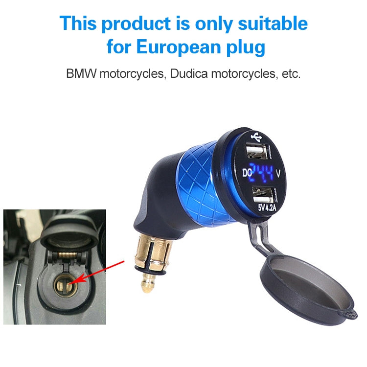German EU Plug Special Motorcycle Elbow Charger Dual USB Voltmeter 4.2A Charger, Shell Color:Blue(Red Light) - In Car by buy2fix | Online Shopping UK | buy2fix