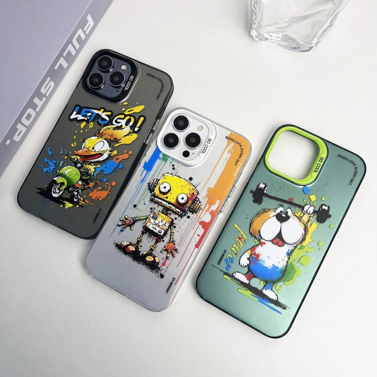 For iPhone 15 Pro Max Double Layer Color Silver Series Animal Oil Painting Phone Case(Weightlifting Dog) - iPhone 15 Pro Max Cases by buy2fix | Online Shopping UK | buy2fix