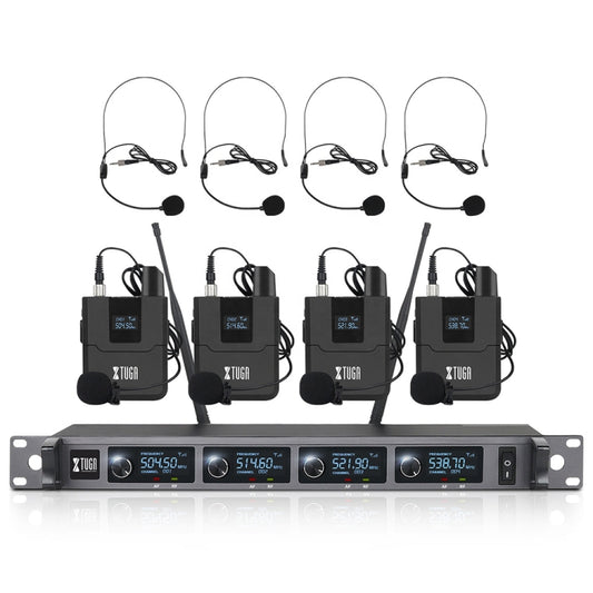 XTUGA A140-B Wireless Microphone System 4 BodyPack Headset Lavalier Microphone(UK Plug) - Microphone by XTUGA | Online Shopping UK | buy2fix