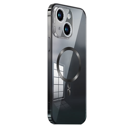 For iPhone 14 Plus MagSafe Magnetic Stainless Steel Frame Transparent TPU Phone Case(Black) - iPhone 14 Plus Cases by buy2fix | Online Shopping UK | buy2fix
