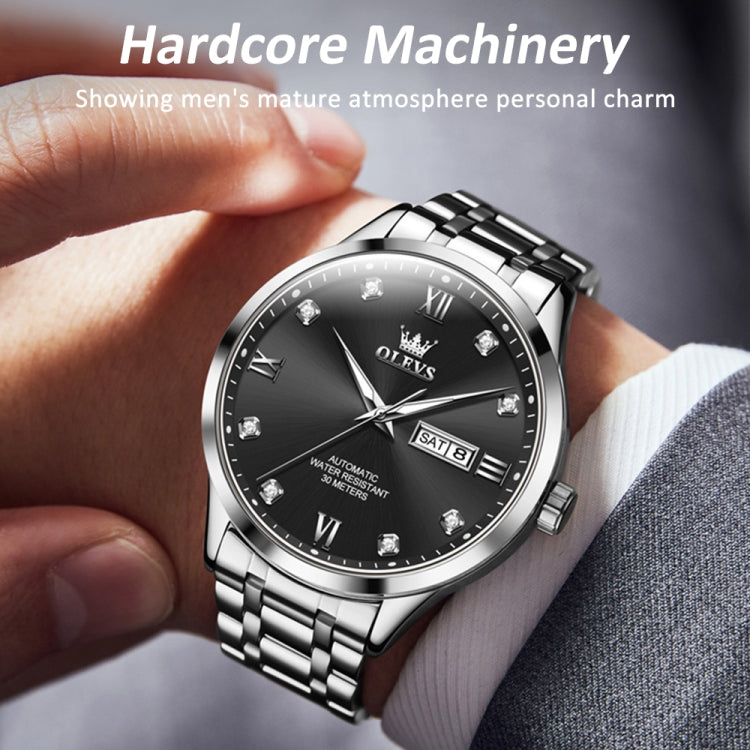 OLEVS 9946 Men Diamond Roman Scale Waterproof Quartz Watch(Black + Silver) - Metal Strap Watches by OLEVS | Online Shopping UK | buy2fix