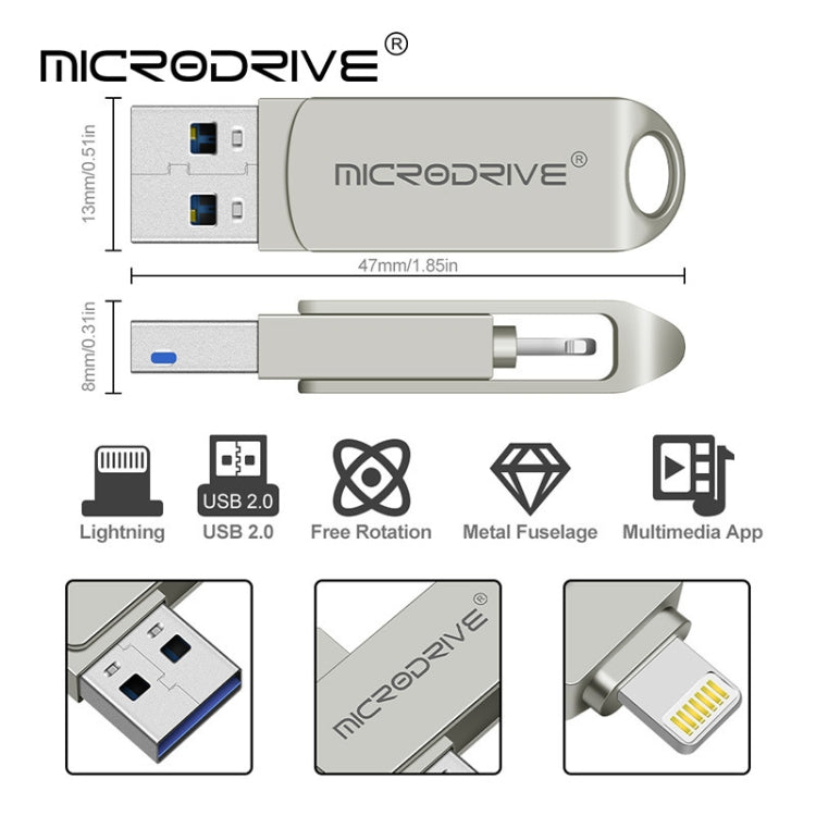 MicroDrive 2 In 1  8 Pin + USB 2.0 Portable Metal USB Flash Disk, Capacity:16GB(Silver) - USB Flash Drives by MICRODRIVE | Online Shopping UK | buy2fix