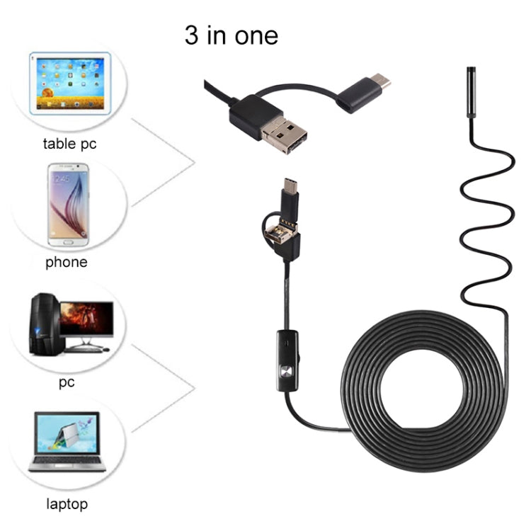 AN100 3 in 1 IP67 Waterproof USB-C / Type-C + Micro USB + USB HD Endoscope Snake Tube Inspection Camera for Parts of OTG Function Android Mobile Phone, with 6 LEDs, Lens Diameter:7mm(Length: 5m) - Consumer Electronics by buy2fix | Online Shopping UK | buy2fix