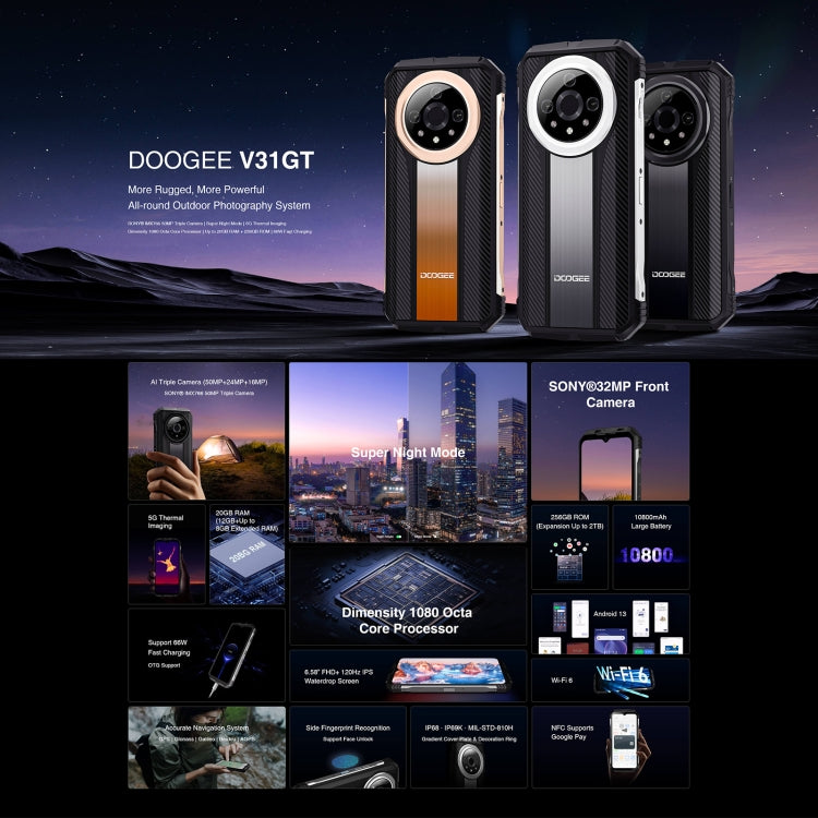 DOOGEE V31GT, 12GB+256GB, Thermal Imaging Camera, Side Fingerprint, 10800mAh Battery, 6.58 inch Android 13 Dimensity 1080 Octa Core, Network: 5G, OTG, NFC, Support Google Pay(Gold) - DOOGEE by DOOGEE | Online Shopping UK | buy2fix