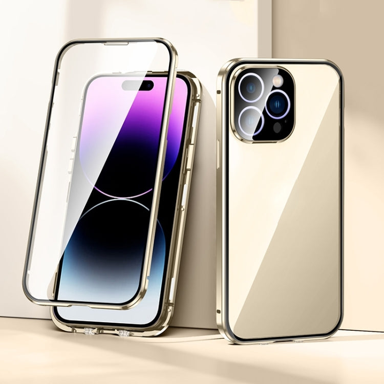 For iPhone 15 Pro Max Magnetic Double-buckle HD Tempered Glass Phone Case(Gold) - iPhone 15 Pro Max Cases by buy2fix | Online Shopping UK | buy2fix