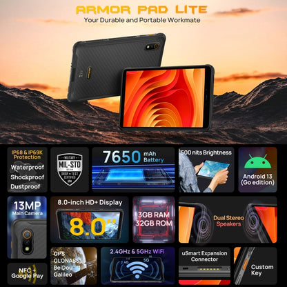 Ulefone Armor Pad Lite Rugged Tablet PC, 3GB+32GB, 8.0 inch Android 13 MediaTek MT8766 Quad Core(Black) - Other by Ulefone | Online Shopping UK | buy2fix