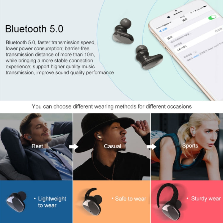 LE-703 Bluetooth 5.0 Waterproof True Wireless Sports Bluetooth Earphone (Black) - TWS Earphone by buy2fix | Online Shopping UK | buy2fix