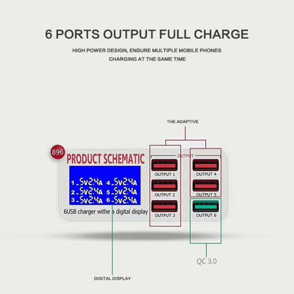 896 40W QC 3.0 6 USB Ports Fast Charger with LCD Digital Display, EU Plug(White) - Multifunction Charger by buy2fix | Online Shopping UK | buy2fix
