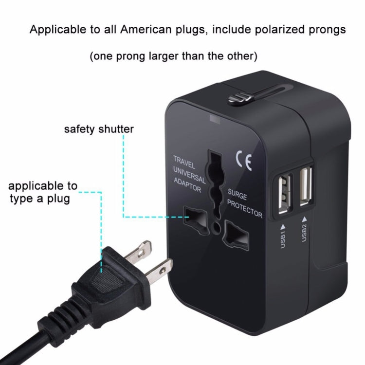 Portable Multi-function Dual USB Ports Global Universal Travel Wall Charger Power Socket, For iPad , iPhone, Galaxy, Huawei, Xiaomi, LG, HTC and Other Smart Phones, Rechargeable Devices(Black) - Consumer Electronics by buy2fix | Online Shopping UK | buy2fix