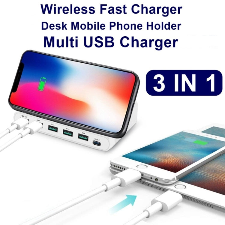 828W 7 in 1 60W QC 3.0 USB Interface + 4 USB Ports + USB-C / Type-C Interface + Wireless Charging Multi-function Charger with Mobile Phone Holder Function, UK Plug(White) - Multifunction Charger by buy2fix | Online Shopping UK | buy2fix