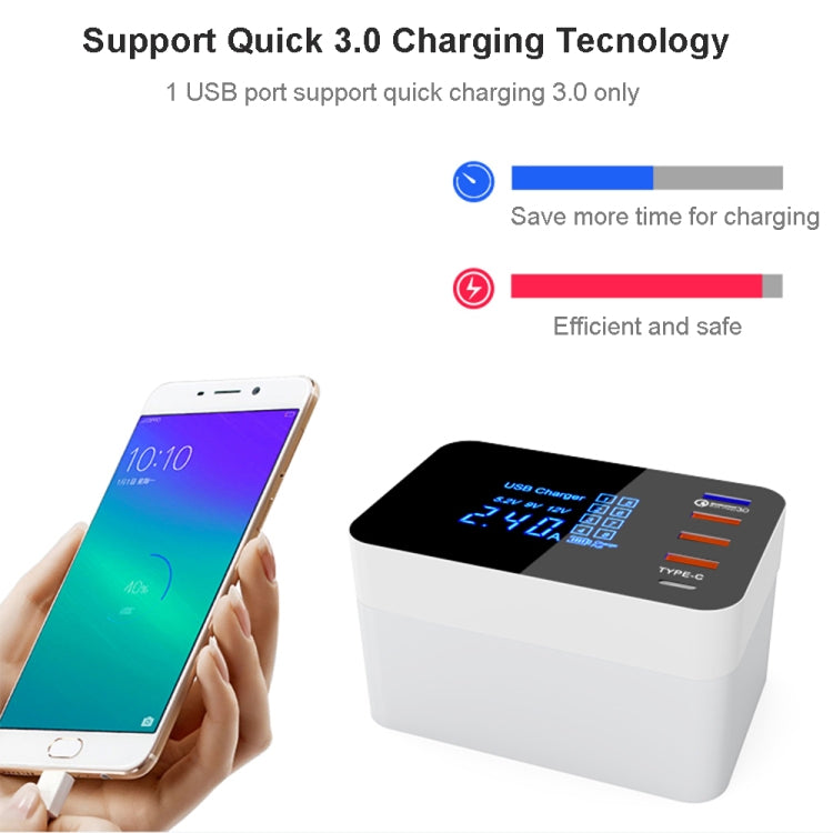 CDA33Q 40W QC 3.0 USB + 3 USB Ports + USB-C / Type-C Ports Multi-function Charger with LED Display, EU Plug - Multifunction Charger by buy2fix | Online Shopping UK | buy2fix