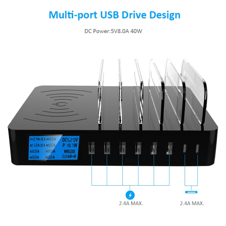 50W 6 USB Ports + 2 USB-C / Type-C Ports + Wireless Charging Multi-function Charger with LED Display & Detachable Bezel, US Plug - Multifunction Charger by buy2fix | Online Shopping UK | buy2fix