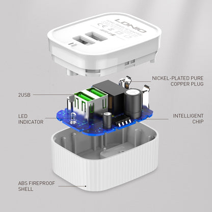 LDNIO A201 2.4A Dual USB Charging Head Travel Direct Charge Mobile Phone Adapter Charger With Micro USB Data Cable(US Plug) - USB Charger by LDNIO | Online Shopping UK | buy2fix