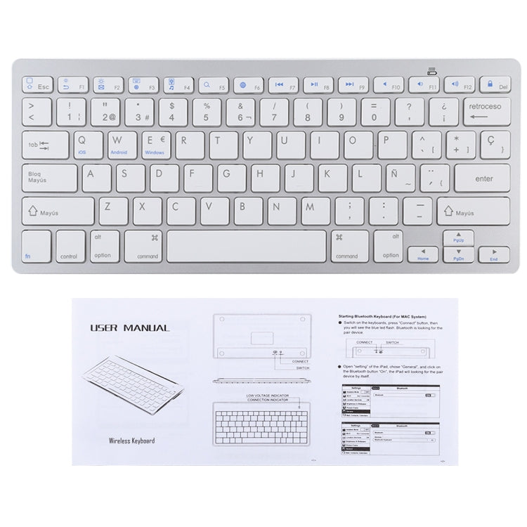 WB-8022 Ultra-thin Wireless Bluetooth Keyboard for iPad, Samsung, Huawei, Xiaomi, Tablet PCs or Smartphones, Spanish Keys(Silver) - Computer & Networking by buy2fix | Online Shopping UK | buy2fix