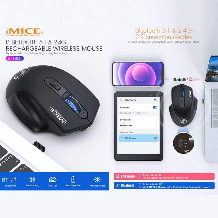 iMICE G-1800 Rechargeable 4 Buttons 1600 DPI 2.4GHz & Bluetooth Silent Wireless Mouse for Computer PC Laptop (Black) - Computer & Networking by iMICE | Online Shopping UK | buy2fix