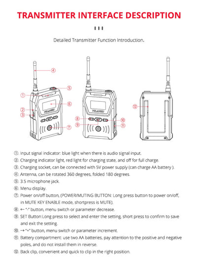 YELANGU YLG9929B MX4 Dual-Channel 100CH UHF Wireless Microphone System with 2 Transmitters and Receiver for DSLR Cameras and Video Cameras(Black) - Camera Microphone by YELANGU | Online Shopping UK | buy2fix