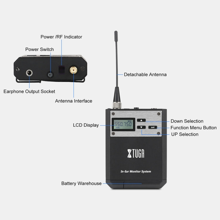 XTUGA IEM1100 UHF Wireless Stage Singer In-Ear Monitor System Single BodyPack Receiver - Camera Microphone by XTUGA | Online Shopping UK | buy2fix