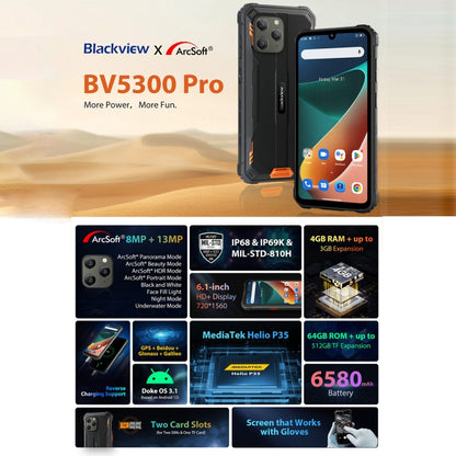 Blackview BV5300 Pro Rugged Phone, 4GB+64GB, IP68/IP69K/MIL-STD-810H, Face Unlock, 6580mAh Battery, 6.1 inch Android 12 MTK6765 Helio P35 Octa Core up to 2.3GHz, Network: 4G, OTG, NFC, Dual SIM(Orange) - Blackview by Blackview | Online Shopping UK | buy2fix