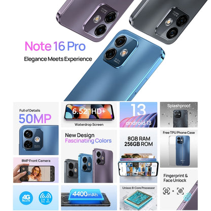 Ulefone Note 16 Pro, 8GB+256GB, Dual Back Cameras, Face ID & Side Fingerprint Identification, 4400mAh Battery, 6.52 inch Android 13 Unisoc T606 Octa Core up to 1.6GHz, Network: 4G, Dual SIM, OTG (Purple) - Ulefone by Ulefone | Online Shopping UK | buy2fix