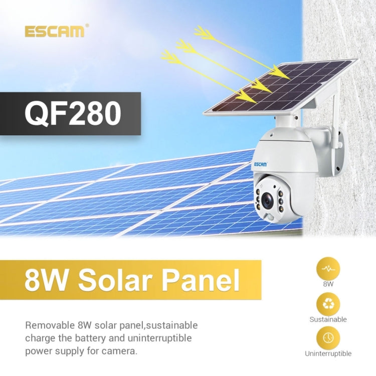 ESCAM QF280 HD 1080P IP66 Waterproof WiFi Solar Panel PT IP Camera with Battery, Support Night Vision / Motion Detection / TF Card / Two Way Audio (White) - Dome Camera by ESCAM | Online Shopping UK | buy2fix