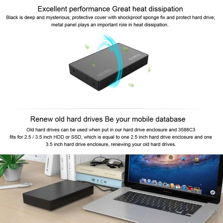 ORICO 3588C3 SATA 3.0 to USB-C / Type-C 2.5 / 3.5 inch SSD / SATA HDD Enclosure Storage Support UASP Protocol(Black) - HDD Enclosure by ORICO | Online Shopping UK | buy2fix