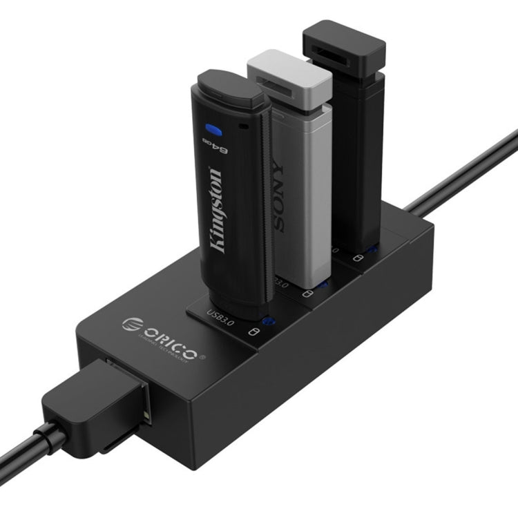 ORICO HR01-U3 ABS 3 Ports USB3.0 HUB Splitter with External RJ45 Gigabit Ethernet Network Card 5 Gbps for Laptops / Desktop / Ultrabook etc.(Black) - USB 3.0 HUB by ORICO | Online Shopping UK | buy2fix